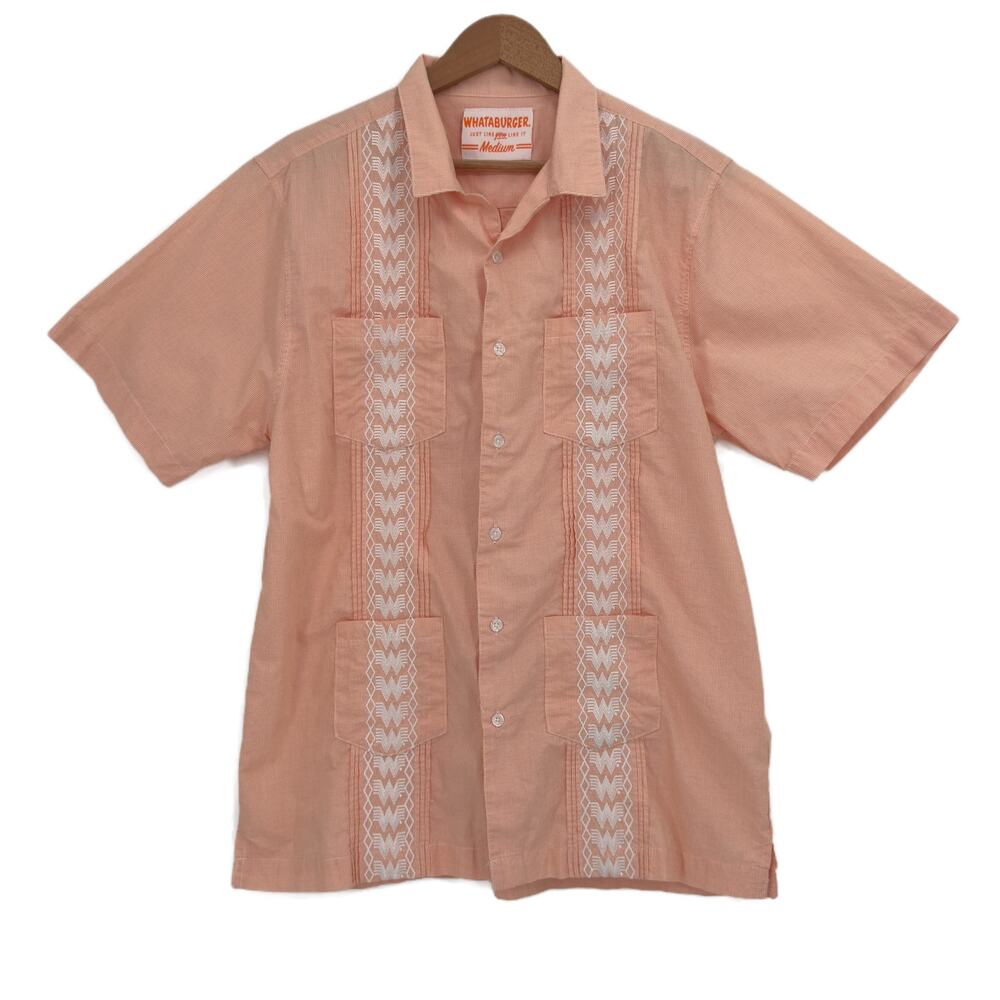 Whataburger Embroidered Guayabera Short Sleeve Shirt Mens Medium Orange Check - Picture 4 of 9